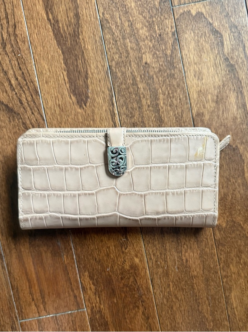 Brighton Cream Croc-Embossed Zip Wallet with Decorative Metal Clasp